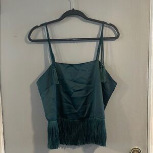 Rachel Zoe Emerald‎ Green Fringe Hem Tassel Satin-like Top Women’s Sz L